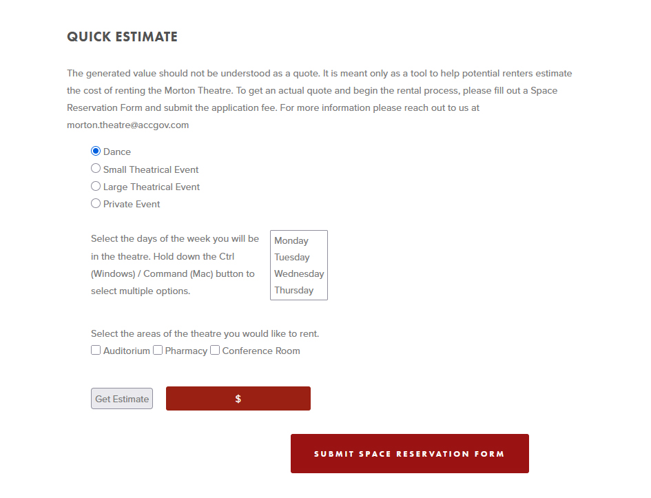 Morton Theatre Rental Rate Calculator